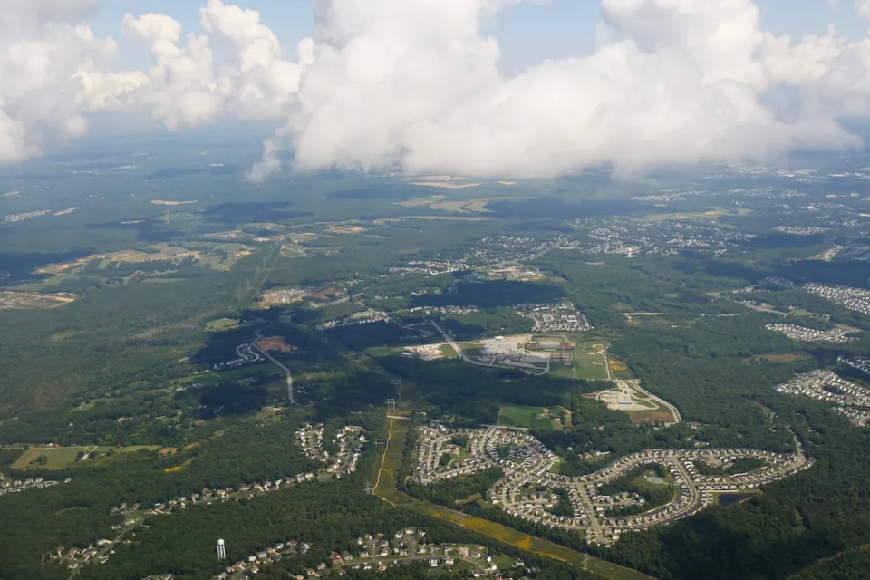 Aerial view of Arlington County, Virginia from an airplane.